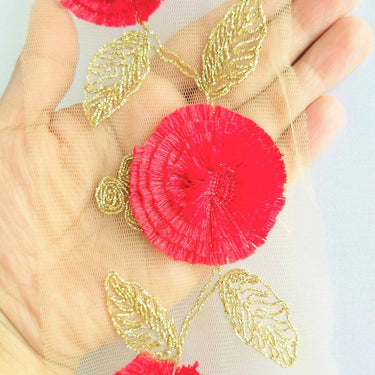 Beige Net Lace Trim With Blue / Beige / Red Thread Flowers and Gold Leaves Embroidery, Approx. 95mm wide